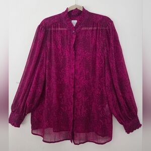 Chico's Fuchsia Reptile Print Button-Up Ruffle Neck Blouse 4 XXL